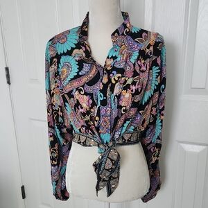 NWT Haute Hippie Cropped Blouse Retro Paisley Floral Small